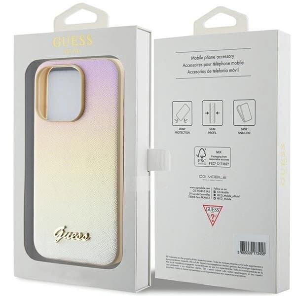 Guess Saffiano Iridescent Script-deksel til iPhone 15 Pro Max - Gull