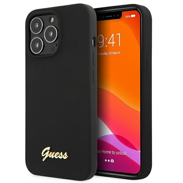 Guess GUHMP13LLSLMGBK iPhone 13 Pro / 13 6,1" svart/svart hårt fodral Silikonskript Guldlogotyp MagSafe