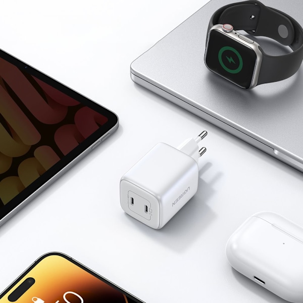 GaN hurtiglader 2 x USB-C 45W QC PD Ugreen CD294 - hvit