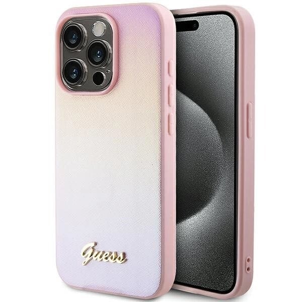 Guess Saffiano Iridescent Script-deksel til iPhone 15 Pro Max - Rosa