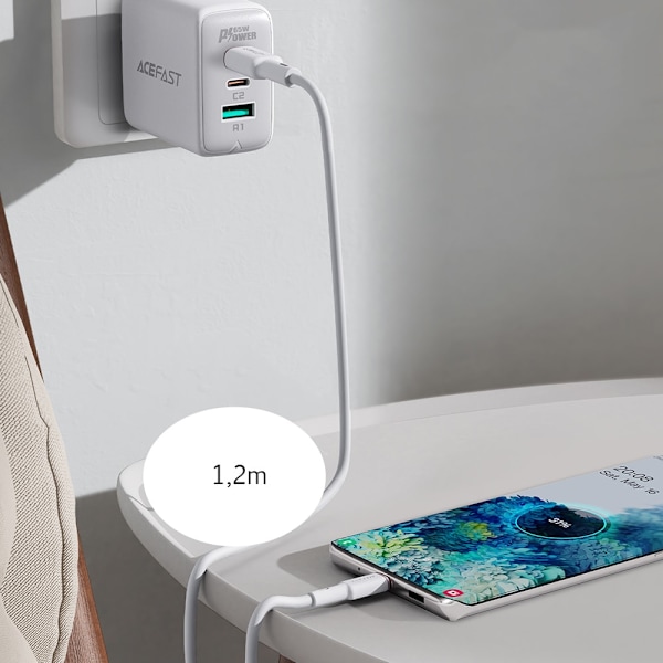 ACEFAST KABEL LANGT STÆRKT USB C - USB C 1,2M 60W (20V/3A) HVID