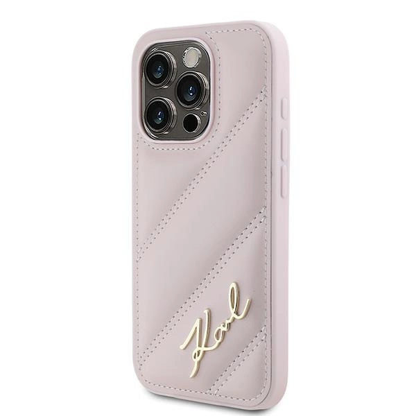 KARL LAGERFELD DIAGONAL QUILTED SCRIPT COVER TIL IPHONE 15 PRO - PINK