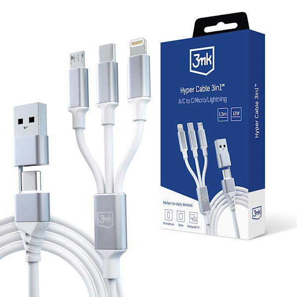 3mk Hyperkabel 3in1 USB-A - USB-C / USB-C - mikro-USB - Lightning 1,5 m - hvit