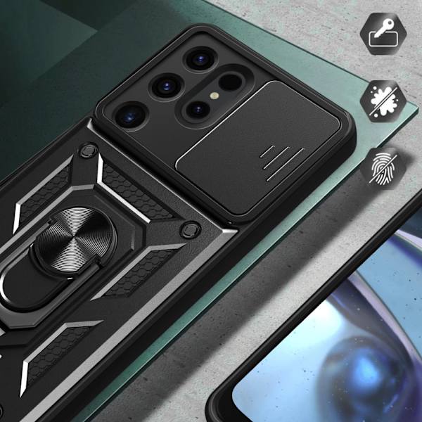 HYBRID ARMOR CAMSHIELD ETUI TIL SAMSUNG GALAXY S24 ULTRA PANSRET MED KAMERACOVER - SORT