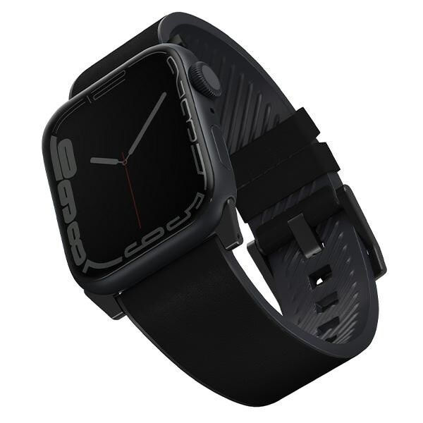 UNIQ armbånd Strade Apple Watch Series 4/5/6/7/8/SE/SE2/Ultra 42/44/45mm. Skinn hybridrem svart/svart