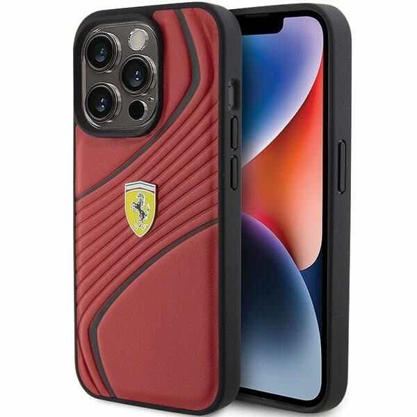 Ferrari Twist Metal Logo beskyttelsesdeksel til iPhone 15 Pro - rød