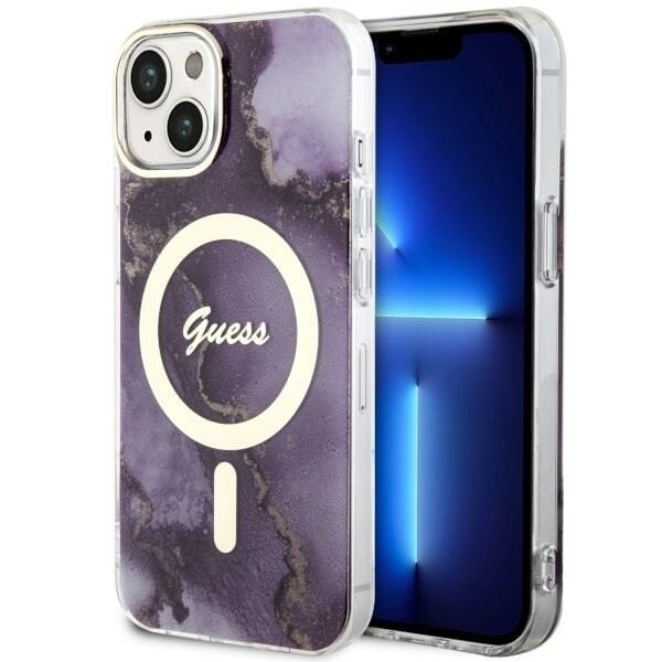 Guess GUHMP14SHMTMRSU-deksel til iPhone 14 lilla/lilla hardt deksel Golden Marble MagSafe