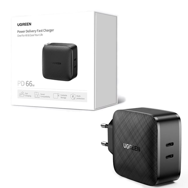 Ugreen vegglader 2x USB Type C 66W Strømforsyning 3.0 Quick Charge 4.0+ svart (CD216) Svart