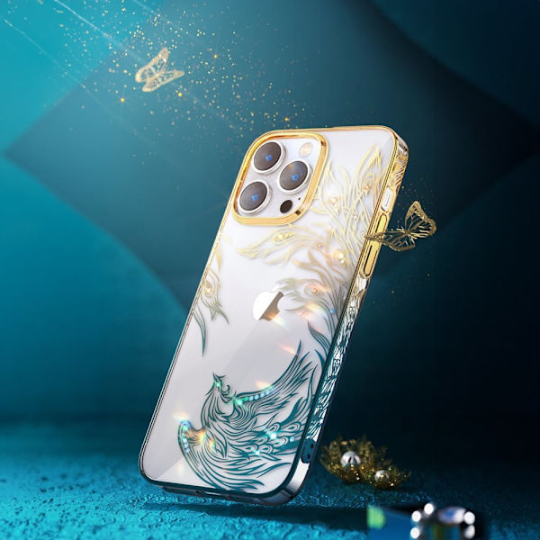 Luksus iPhone 14 Plus-deksel med Kingxbar Phoenix-krystaller - gull og blått