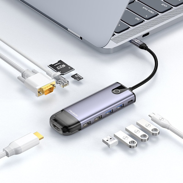 MCDODO ADAPTER HUB USB-C HDMI USB SD GIGABIT RJ45 TILL MACBOOK M