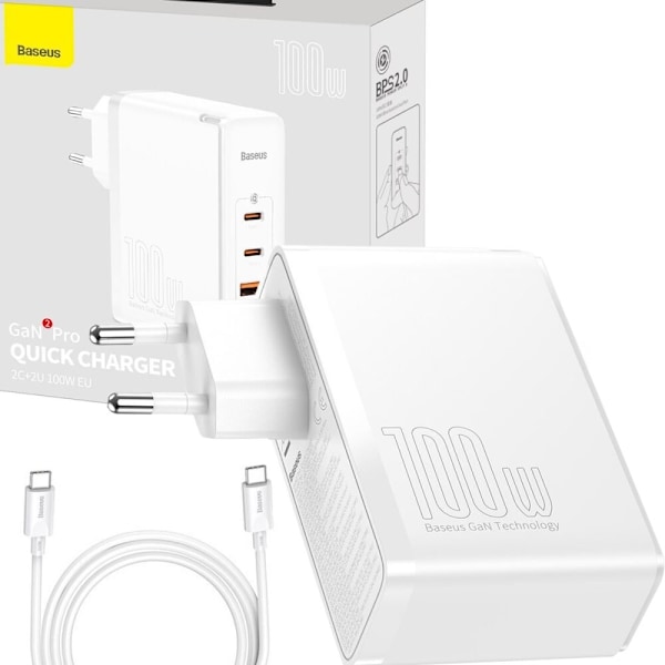 Baseus GaN2 Pro hurtiglader 100 W USB / USB Type C Hurtiglading 4+ Strømforsyning hvit (CCGAN2P-L02) Vit