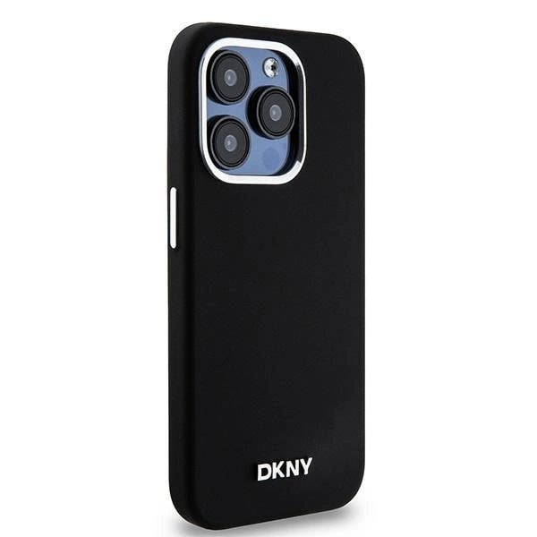 DKNY flytende silikon liten metalllogo MagSafe-deksel til iPhone 15 Pro - Svart