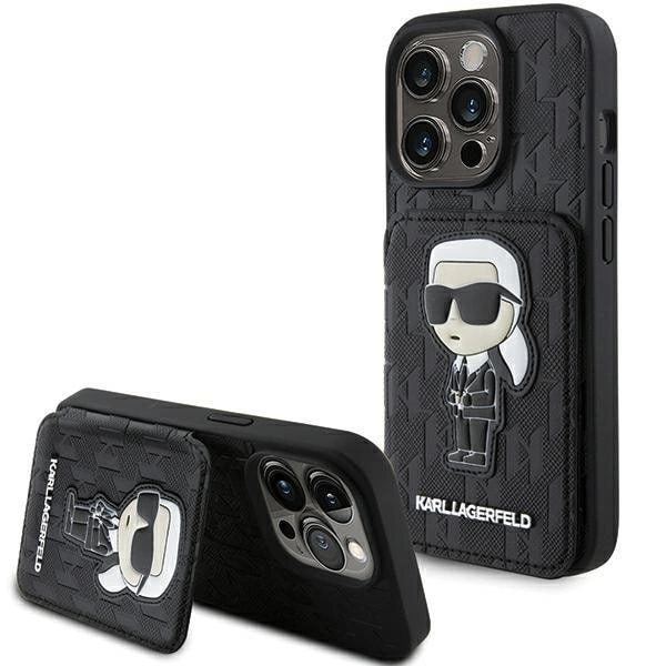 Karl Lagerfeld Saffiano kortspor og stativ Monogram Ikonik Patch-deksel til iPhone 15 Pro Max - Svart