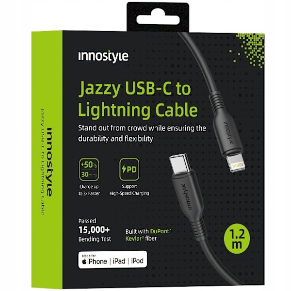 Innostyle Jazzy USB-C Lightning MFI Hurtigladingskabel for iPhone Kevlar 1.2m