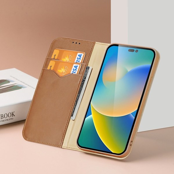Dux Ducis Hivo lær Flip-veske Lommebok i ekte skinn for kort og ID-er iPhone 14 Pro Max Red