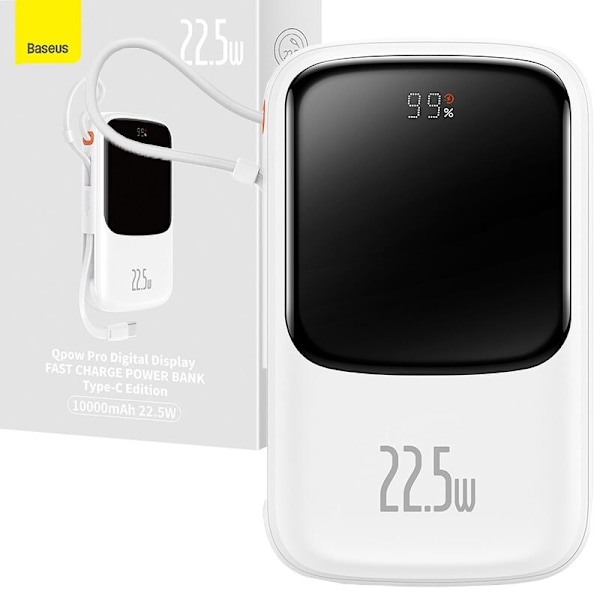 Baseus Qpow Digital Display Powerbank med hurtiglading 10000mAh 22,5W QC/PD/SCP/FCP med innebygd USB-C-kabel hvit