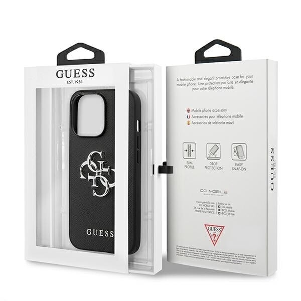Guess GUHCP13LSA4GSBK iPhone 13 Pro/13 6,1" svart/svart hårdfodral Saffiano 4G metalllogotyp
