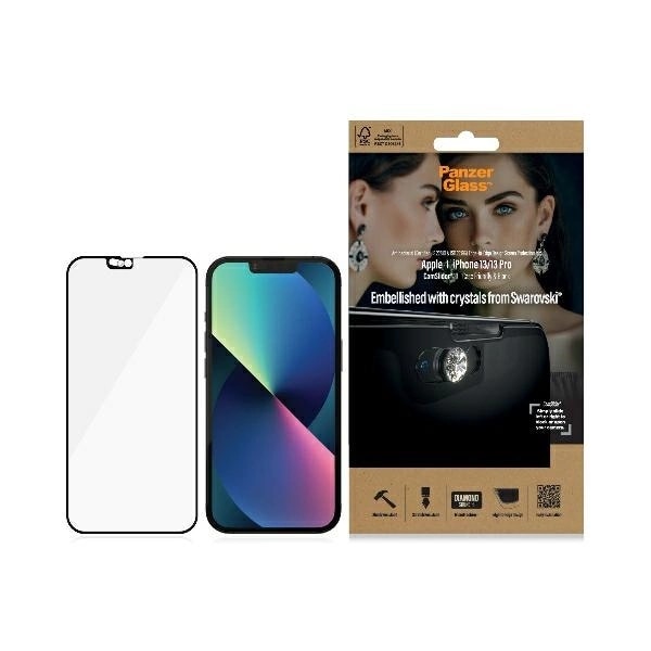 PANZERGLASS E2E MICROFRACTURE ANTIBAKTERIELT GLAS MED SWAROVSKY CRYSTAL CAMERA COVER TIL IPHONE 13/13 PRO - MED SORT RAMME