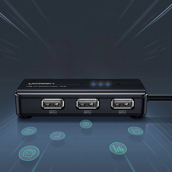 Ugreen 20264 RJ45 / USB-A 10/100 Mbps HUB nettverksadapter 3x USB-A 2.0 - svart