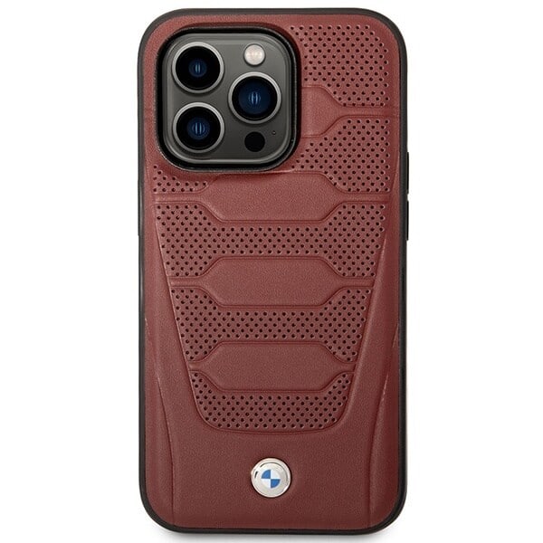 BMW BMHMP14X22RPSR Beskyttelsesveske for iPhone 14 Pro Max Vinrødt/burgunderskinnsetemønster MagSafe