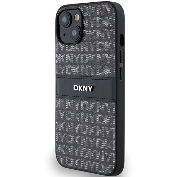 DKNY Leather Mono Stripe & Metal Logo Beskyttelsesveske for iPhone 15 Plus / 14 Plus - Svart