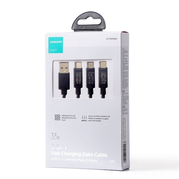 Joyroom 3-i-1 kabel USB - USB Type C / Lightning / micro USB 3,5 A 1,2 m svart (S-1T3015A5)