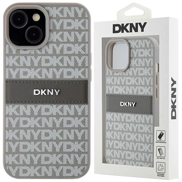 DKNY Leather Mono Stripe & Metal Logo Deksel for iPhone 15 Plus / 14 Plus - beige