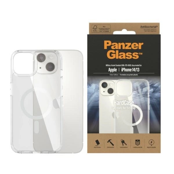 PANZERGLASS HARDCASE MED MAGSAFE ANTIBAKTERIEL MILITARY GRADE CERTIFIED CASE TIL IPHONE 14/15/13 - GENNEMSIGTIG