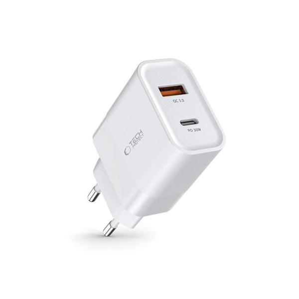 TECH-PROTECT C30W 2-PORTS AC-LADER PD30W/QC3.0 HVIT