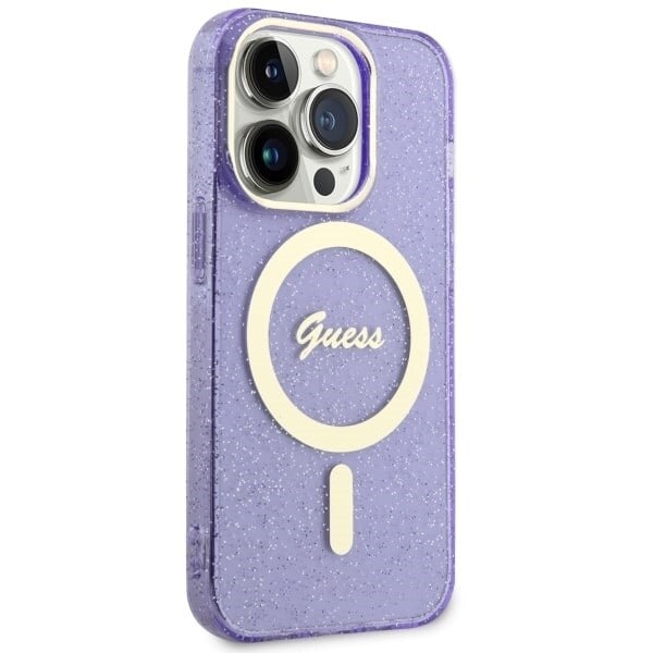 Guess GUHMP14XHCMCGU-deksel til iPhone 14 Pro Max 6.7 lilla/lilla hardt deksel Glitter Gold MagSafe