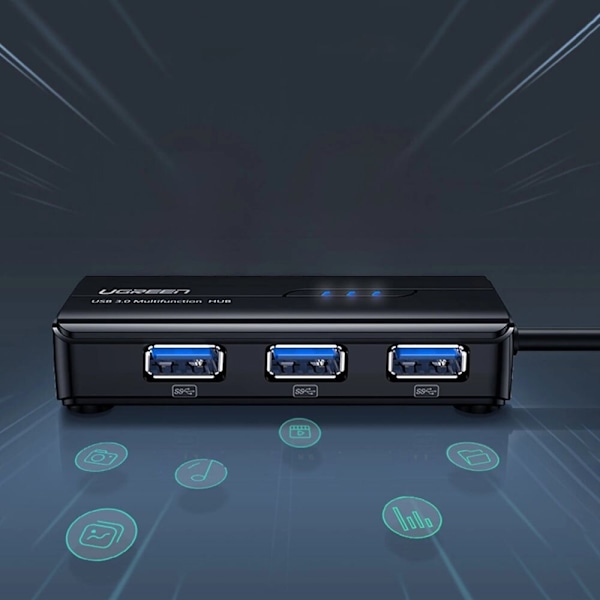 Ugreen 20265 USB-A / RJ45 1000 Mbps HUB 3x USB 3.0 nettverksadapter - svart