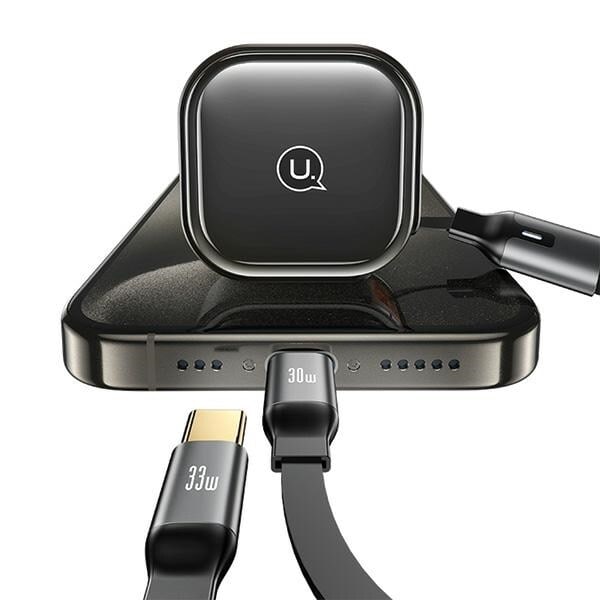 USAMS Lad. ensam. med infällbar kabel 2xUSB-C C41 PD 30W Snabbladdning svart/svart CC220CC01 (US-CC220)