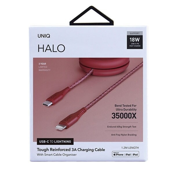 UNIQ MFI Halo USB-C-Lightning-kabel 18W nylon tvunnet 1,2m rød/karmin