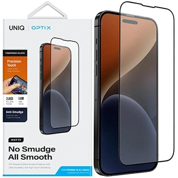UNIQ Optix matt frostet herdet glass for iPhone 15 Plus / 14 Pro Max med applikator