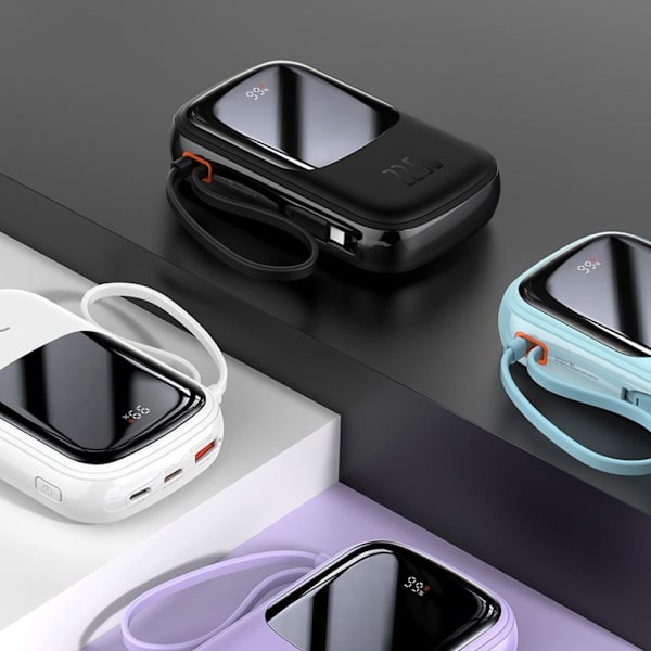 Baseus Qpow Digital Display Powerbank med hurtiglading 10000mAh 22,5W QC/PD/SCP/FCP med innebygd USB-C-kabel hvit