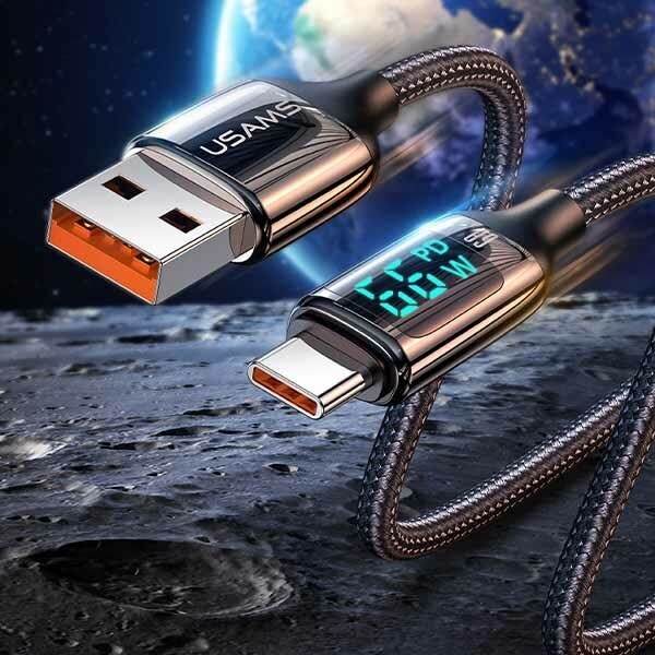 USAMS Flätad kabel U78 USB-C 1,2m LED 6A Snabbladdning svart/svart SJ544USB01 (US-SJ544)