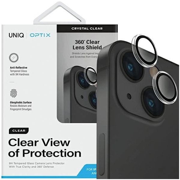 UNIQ Optix klar kameralinsebeskytter for iPhone 15/15 Plus kameralinse med applikator - gjennomsiktig