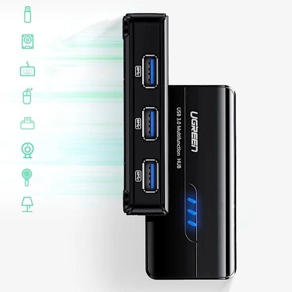Ugreen 20265 USB-A / RJ45 1000 Mbps HUB 3x USB 3.0 nettverksadapter - svart