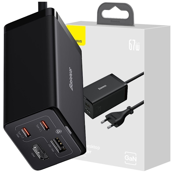 Baseus rask GaN5 Pro HUB HDMI-lader 2 x USB-C / USB-A / HDMI 4K 30Hz 1,5m svart + USB-C - USB-C 100W 40Gb/s (USB4) kabel 1m (CCGP110201)