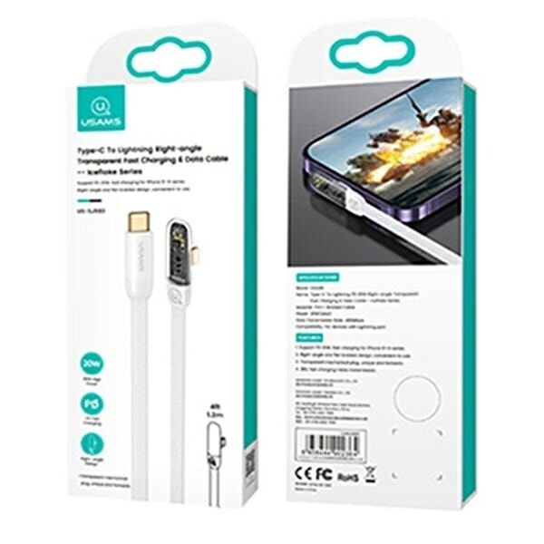 USAMS Vinklad USB-C till Lightning PD 20W Snabbladdning Iceflake Series-kabel 1,2 m vit/vit SJ583USB02 (US-SJ583)
