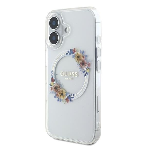 Guess GUHMP16MHFWFCT iPhone 16 Plus 6,7" genomskinligt hårt fodral IML Flowers Wreath MagSafe