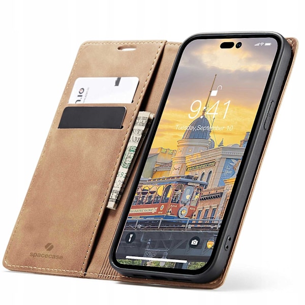 Spacecase Läder Plånbokfodral För Iphone 14 Pro Max Väska Brunt