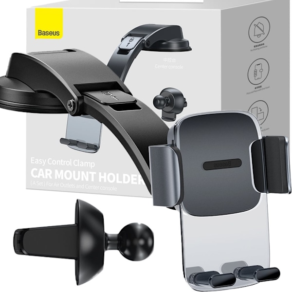 BASEUS 2IN1 BILHOLDER TIL COCKPIT/DASHBOARD OG GRILL, VENT, SORT Sort