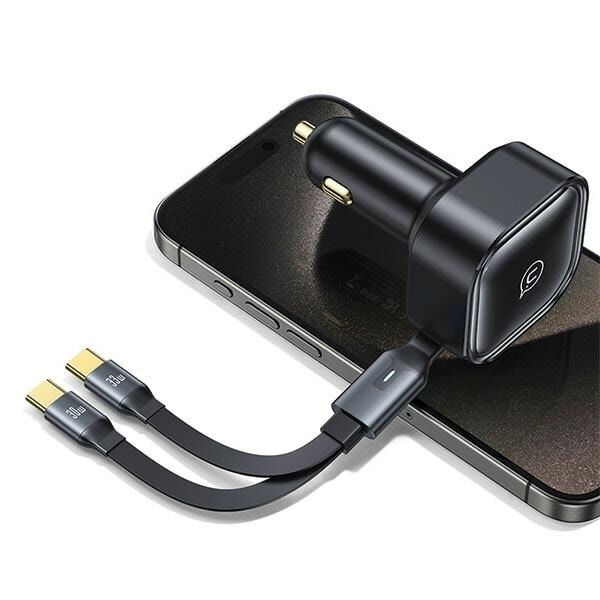 USAMS Lad. ensam. med infällbar kabel 2xUSB-C C41 PD 30W Snabbladdning svart/svart CC220CC01 (US-CC220)