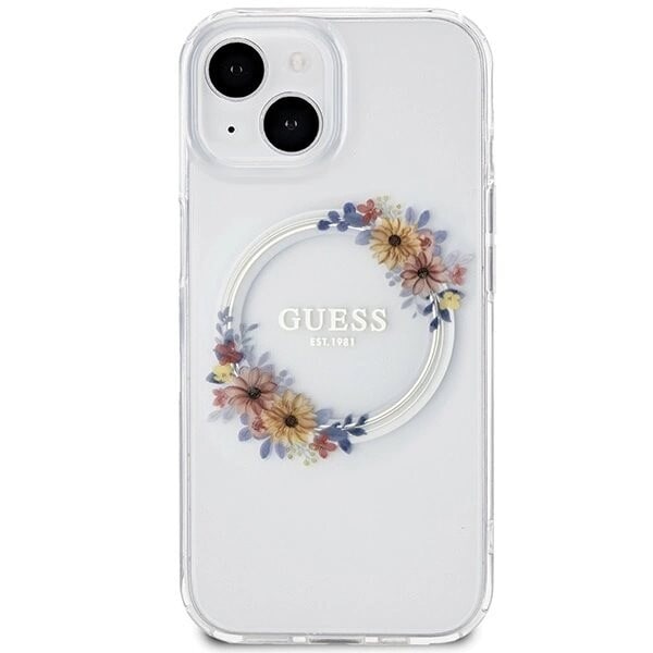 Guess IML Flowers Wreatch MagSafe beskyttelsesdeksel til iPhone 15/14/13 - Gjennomsiktig