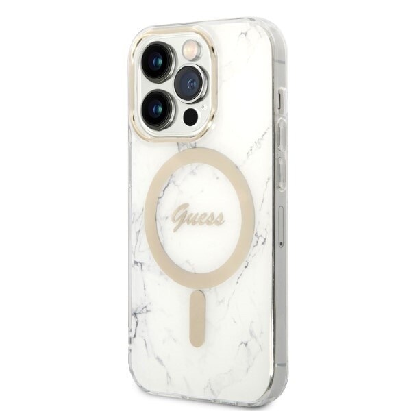 Guess sett MagSafe lader + deksel til iPhone 14 Pro 6.1 hvit marmor (GUBPP14LHMEACSH)