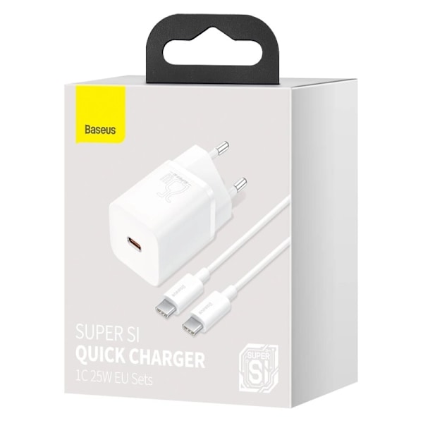 BASEUS HURTIG USB-C NETVÆRKSOPLADER 25W 3A MED USB-C/USB-C KABEL 1M HVID