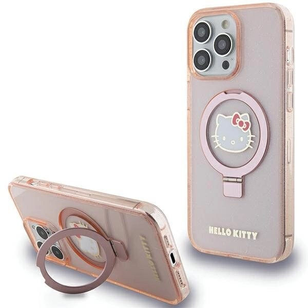Hello Kitty Ring Stativ Glitter Electrop Logo MagSafe Deksel til iPhone 15 Pro Max - Rosa