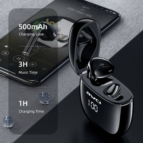 AWEI Bluetooth 5.0 T28P TWS hörlurar + dockningsstation svart/svart