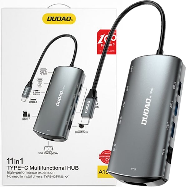 DUDAO 11IN1 MULTIFUNKTIONEL HUB USB C-USB C PD 60W/HDMI/3,5MM MINIJACK GRÅ